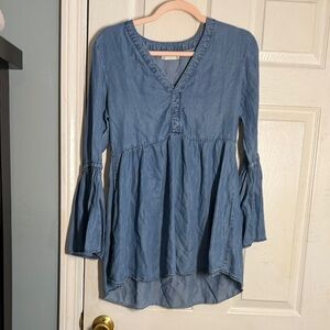 Altar'd State Light Blue Denim-Style V-Neck Bell Sleeve Tunic
